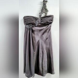 VTG Cache Embellished One Shoulder Metallic Pewter Mini Dress 6 NWOT